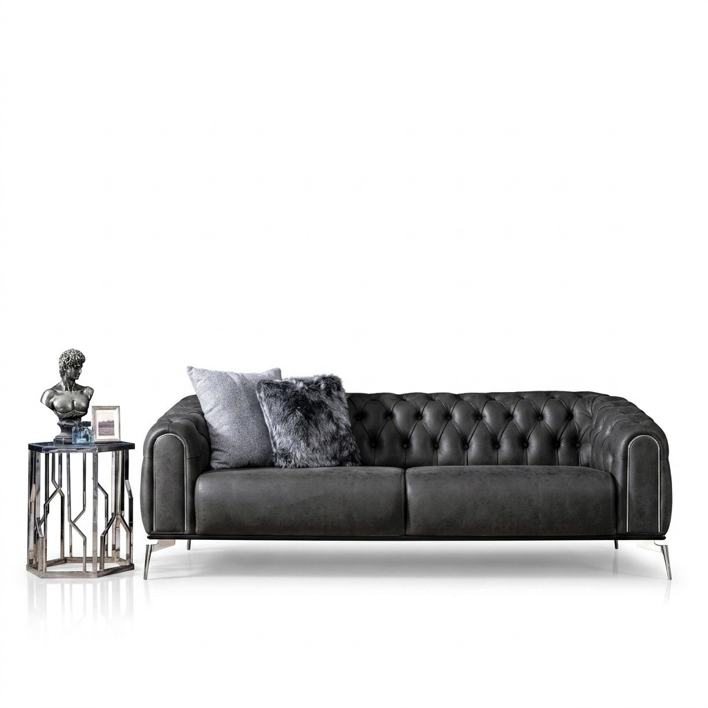 Viersitzer Sofa 4 Sitzer Chesterfield Kunstleder Schwarz Wohnzimmer