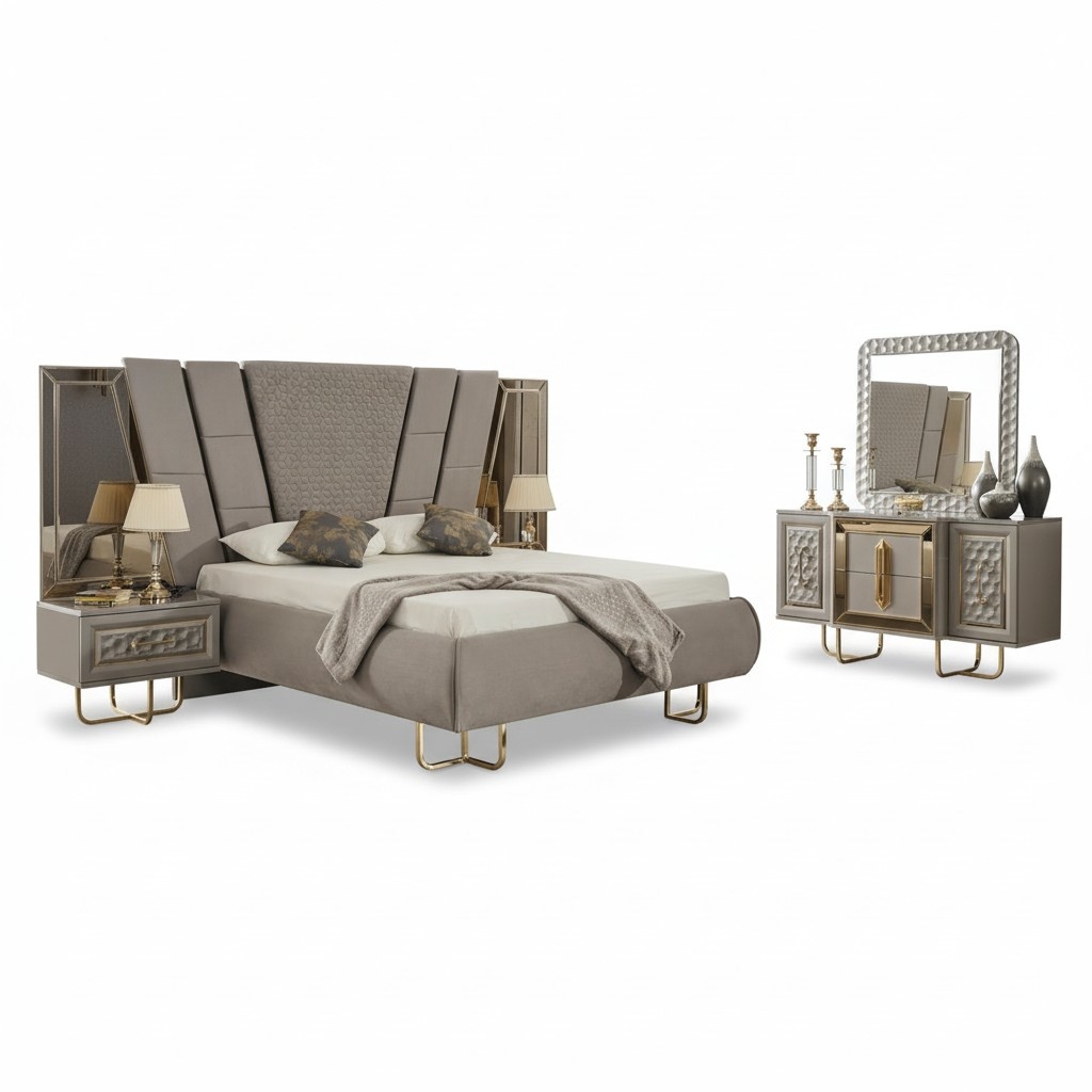 Villen Schlafzimmer Möbel Bett Doppelbett 2x Nachttische Kommode Spiegel 5tlg.