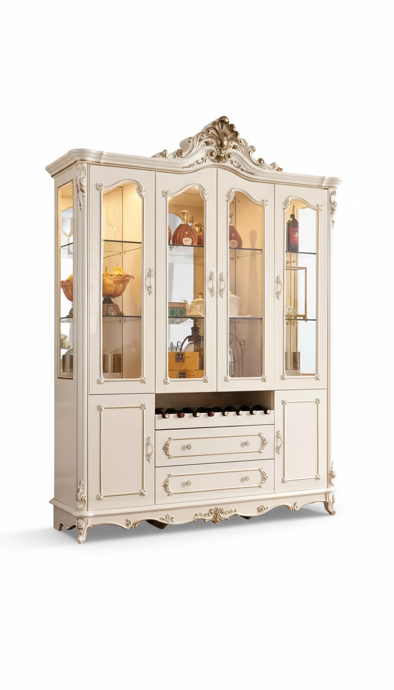 Vitrine Holz klassische Wohnzimmermöbel neue Luxus Interieur perlweiß