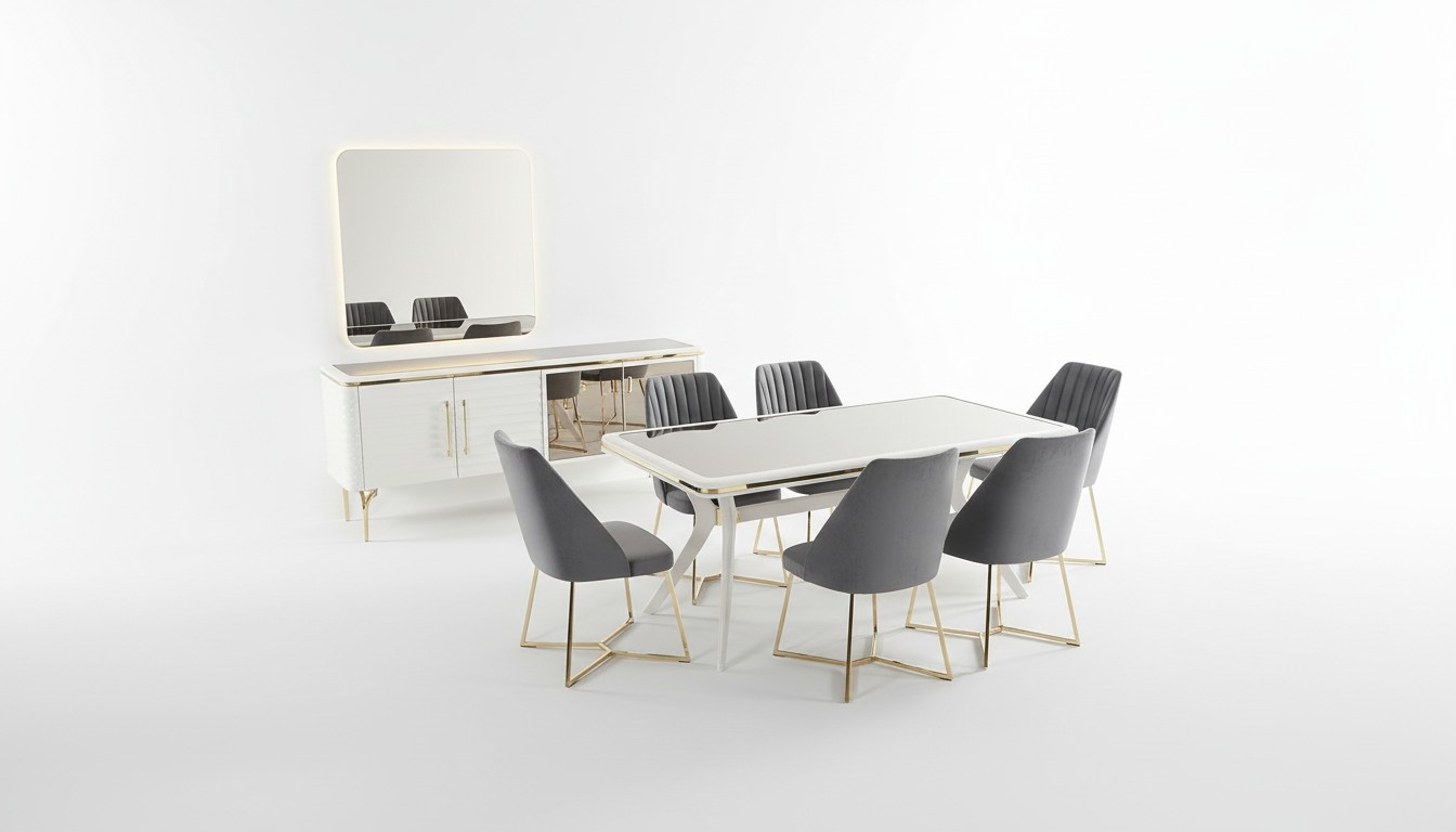 Weiß-Graue Esszimmer Garnitur Holztisch 6x Textil Stühle Sideboard 9tlg