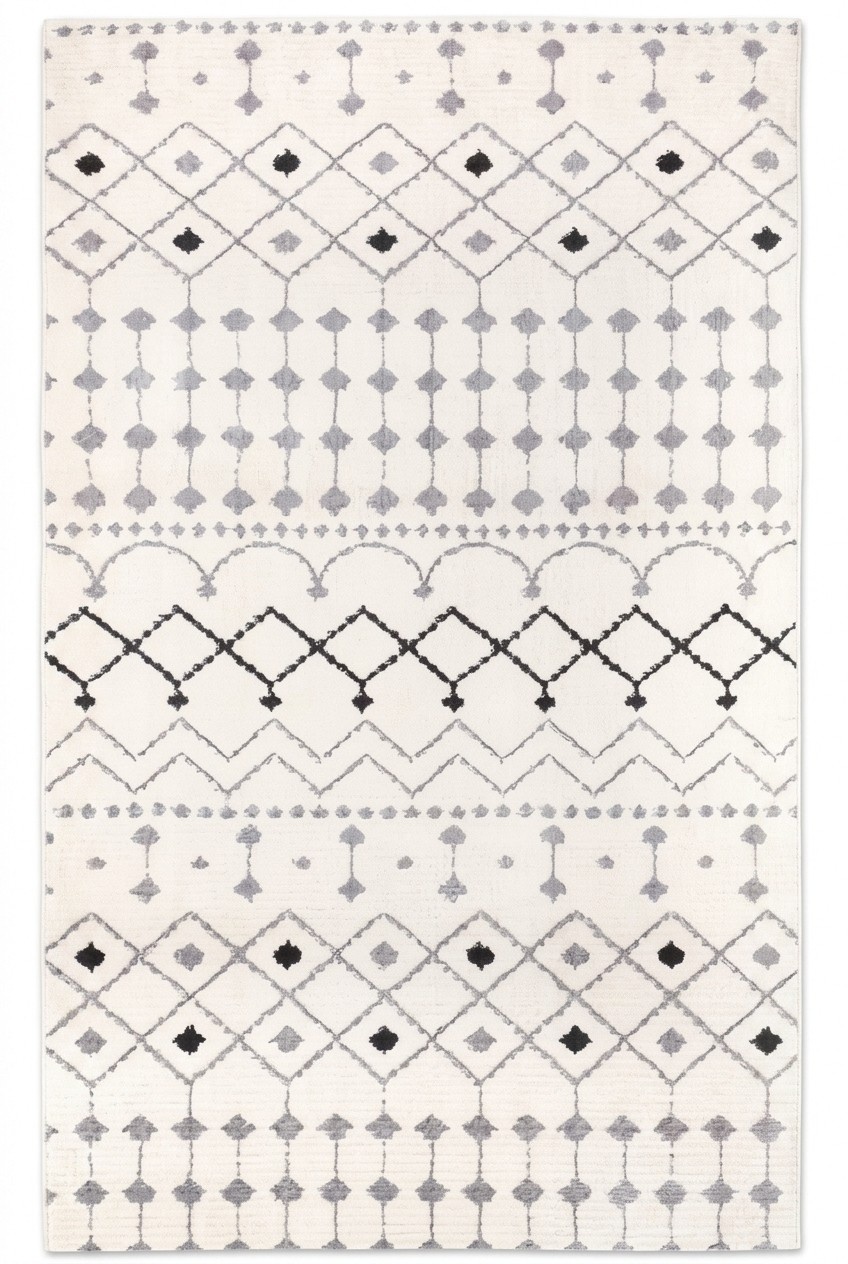 Weiß Orientalisch Teppich Wohnzimmerteppich Kurzflor Schwarz Muster