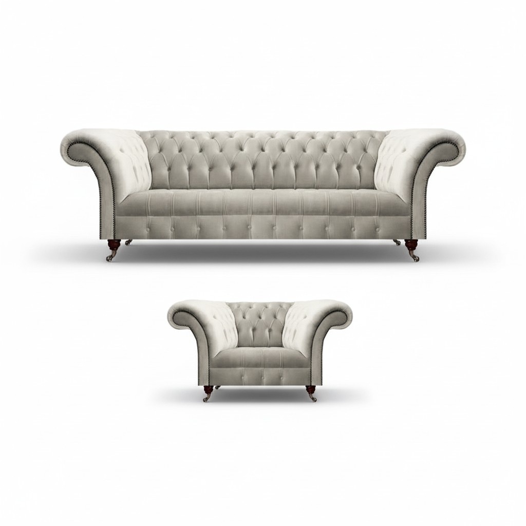 Weiß Wohnzimmer Set 2tlg Sofa Dreisitze Luxus Design Ssessel Modern Chesterfield
