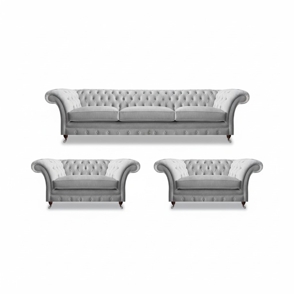 Weiße Chesterfield Textilgarnitur Polstercouchen Wohnzimmer Sessel 3tlg