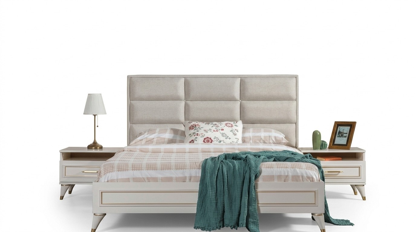 Weiße Schlafzimmer Garnitur Polster Doppelbett 2x Holz Nachttische 3tlg