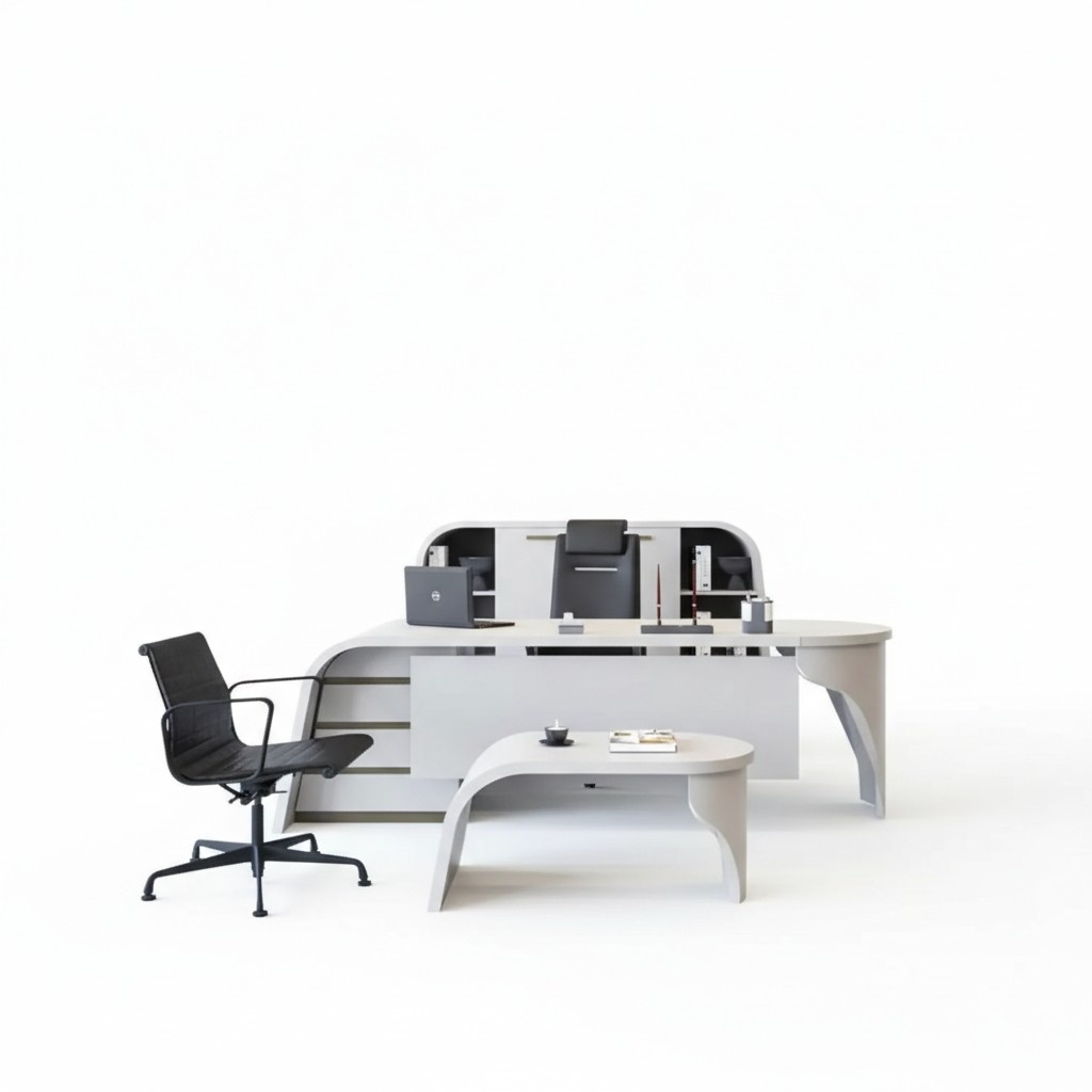 Weißes Büro Set Chef Schreibtisch Oval Couchtisch Aktenschrank Regal 3tlg.