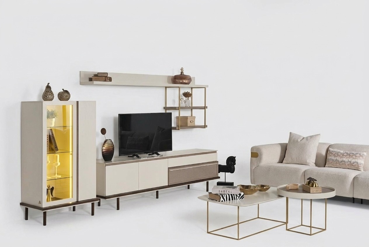 Weißes Wohnzimmer Set Designer TV-Ständer Luxus LED Vitrine Holz Regal