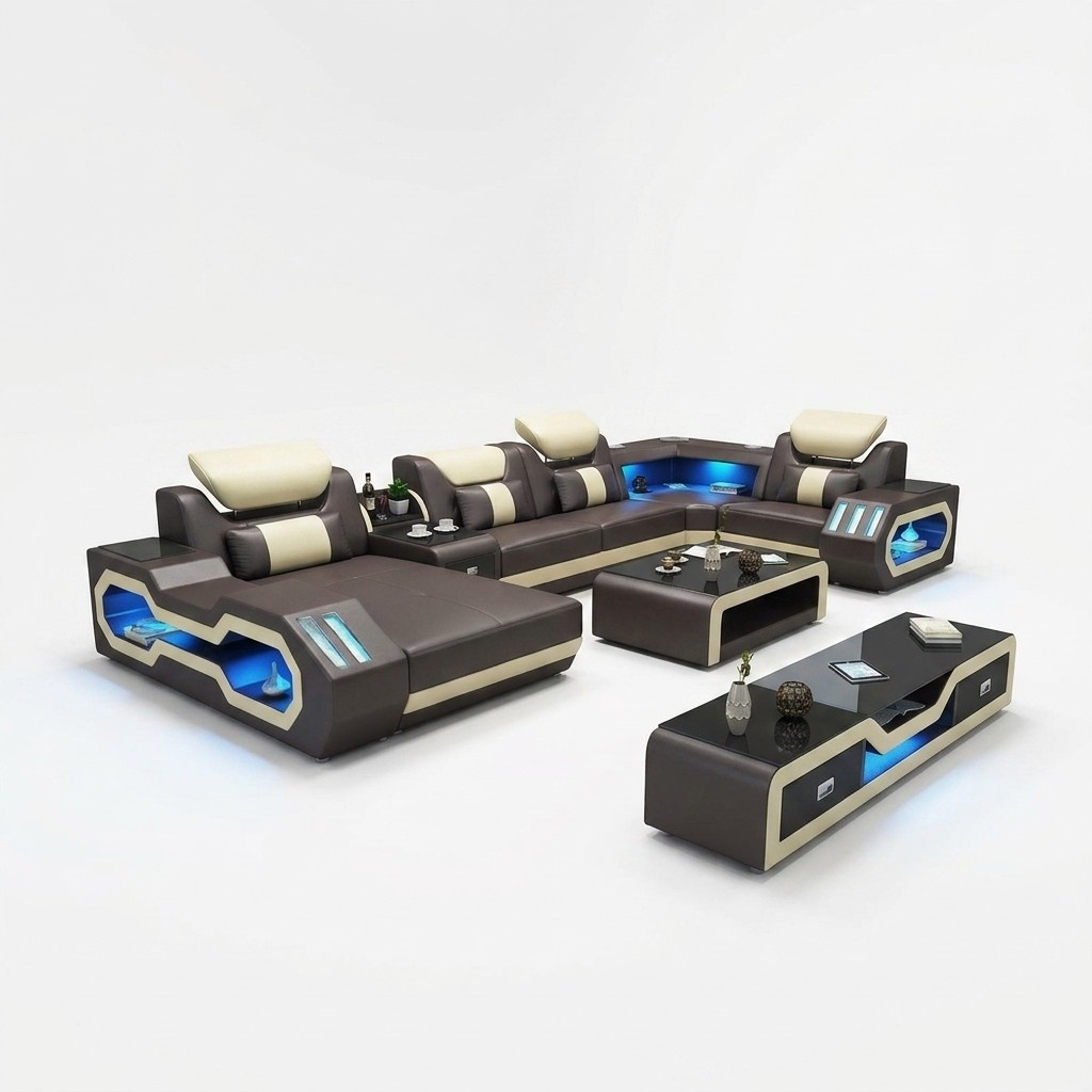 Leder Wohnlandschaft Eckcouch Designer Sofa Ledersofa Couch - USB - SOUND BOXEN