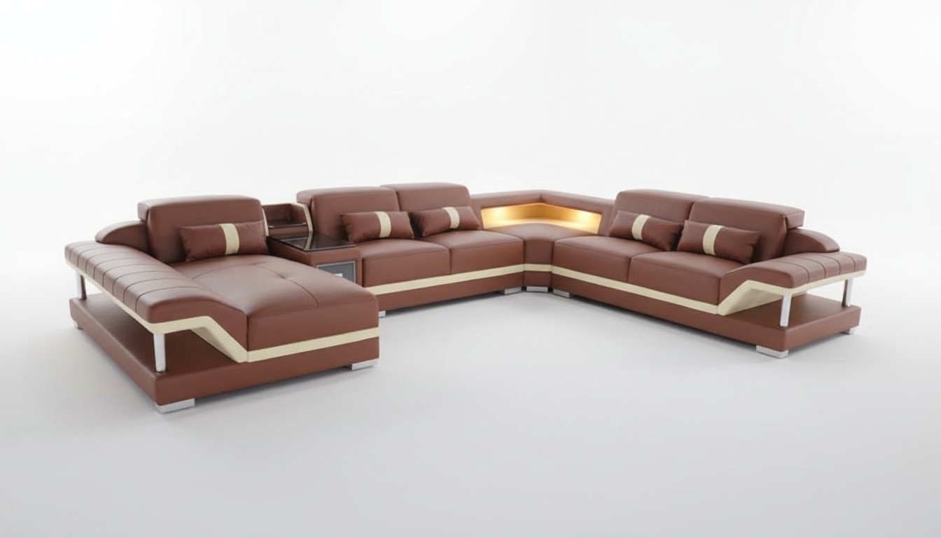 Wohnlandschaft U-Form Cream Braun Ecksofa Leder Sofa Couch Polster Eck Sitz Neu