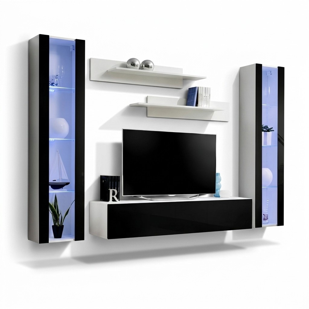 Wohnwand Luxus Set 5tlg. Wohnzimmer rtv Hänge Vitrine Moderne TV-Ständer Schwarz