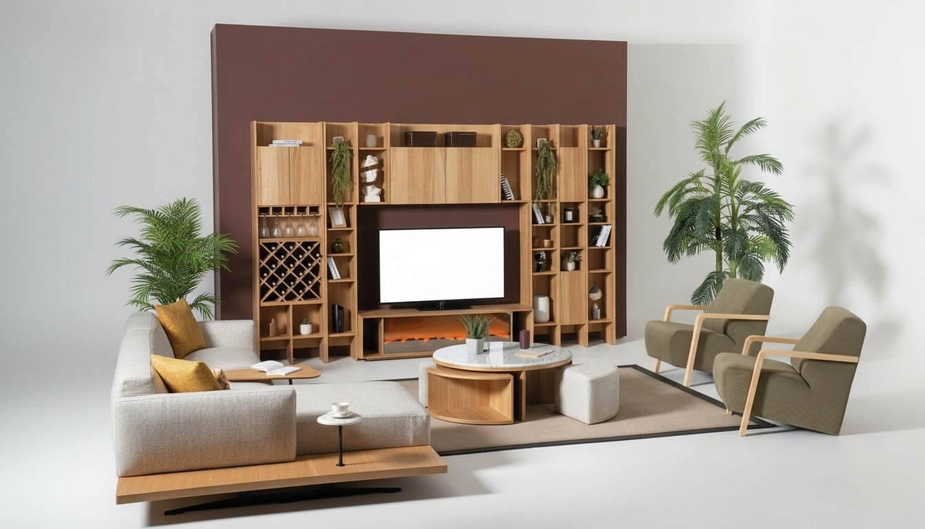 Wohnwand mit Elektro Kamin Wohnwände Ecksofa Sessel Komplett Set 5tlg