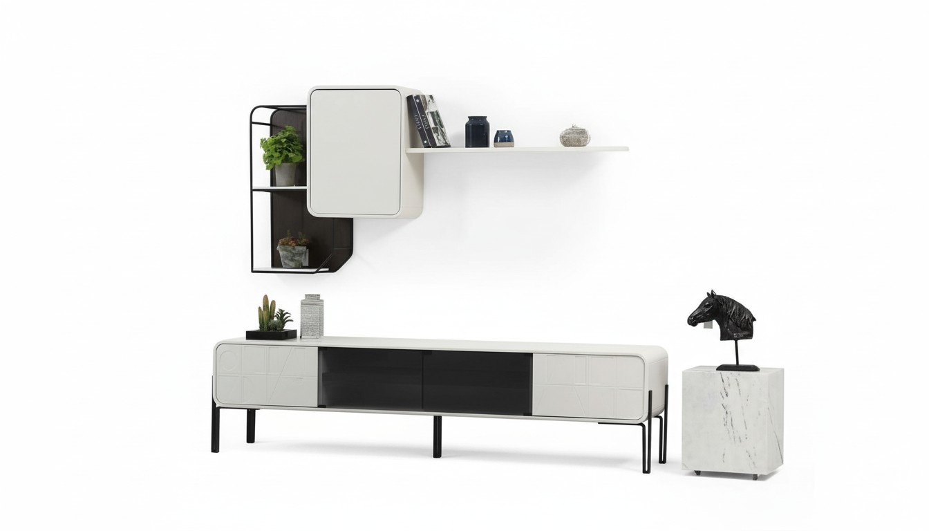 Wohnwand RTV Lowboard Regale Schrank TV Ständer Set Holz Modern Weiß