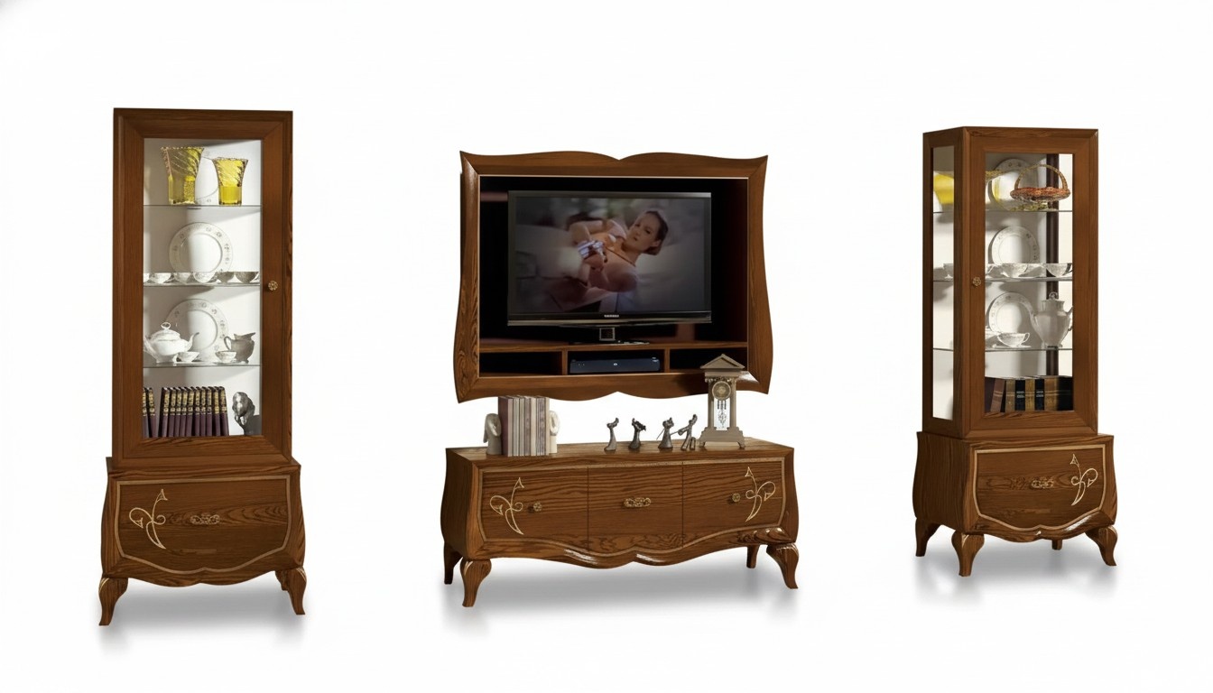 Wohnwand RTV Lowboard TV-Rahmen 2x Vitrine Braun Wohnzimmer Set 4tlg