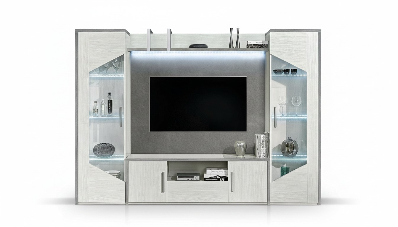 Wohnwand Set 4tlg. Wohnzimmer RTV Vitrine Regal Modern Garnitur Gruppe Holz Neu
