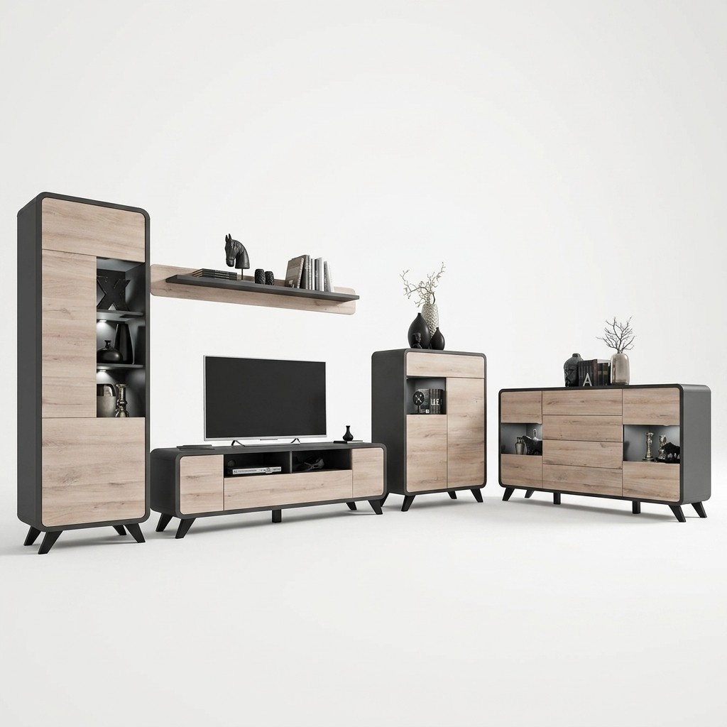 Wohnwand Set 5 tlg Wohnzimmer TV-Ständer Vitrine Regal Modern Garnitur Holzmöbel