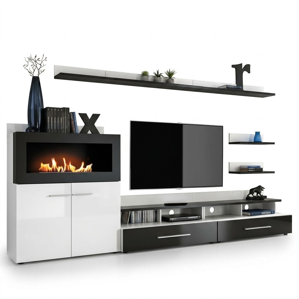 Wohnwand TV-Ständer Kommode mit eingebautem Kamin Designer Möbel Sofort