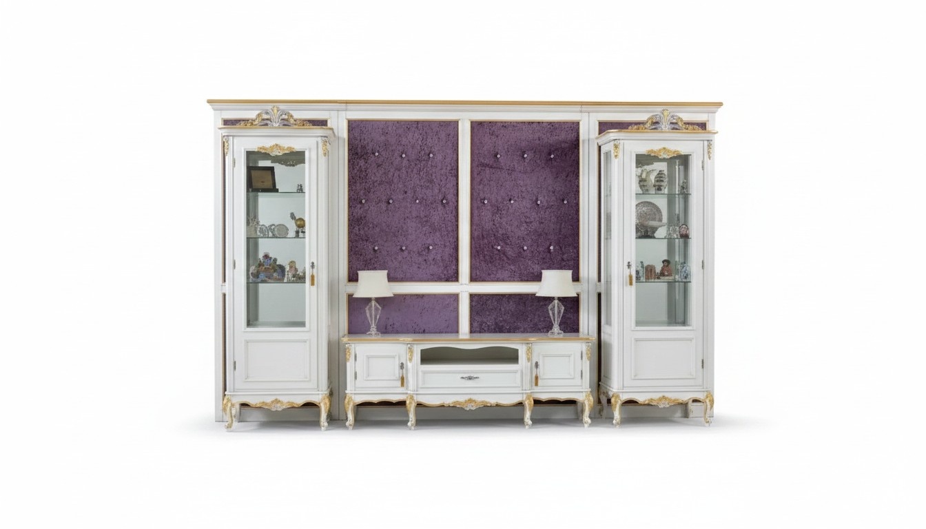 Wohnwand TV Ständer RTV 2x Vitrine Holz Klassische Weiß Wohnzimmer Neu