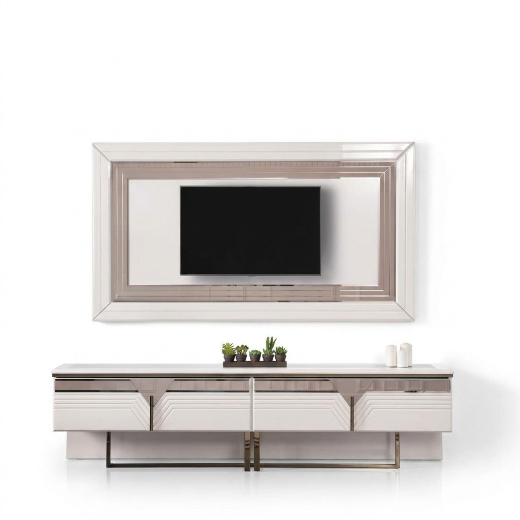 Wohnwand TV Ständer Wandpanel RTV Lowboard Weiß Holz Sideboard Moderne