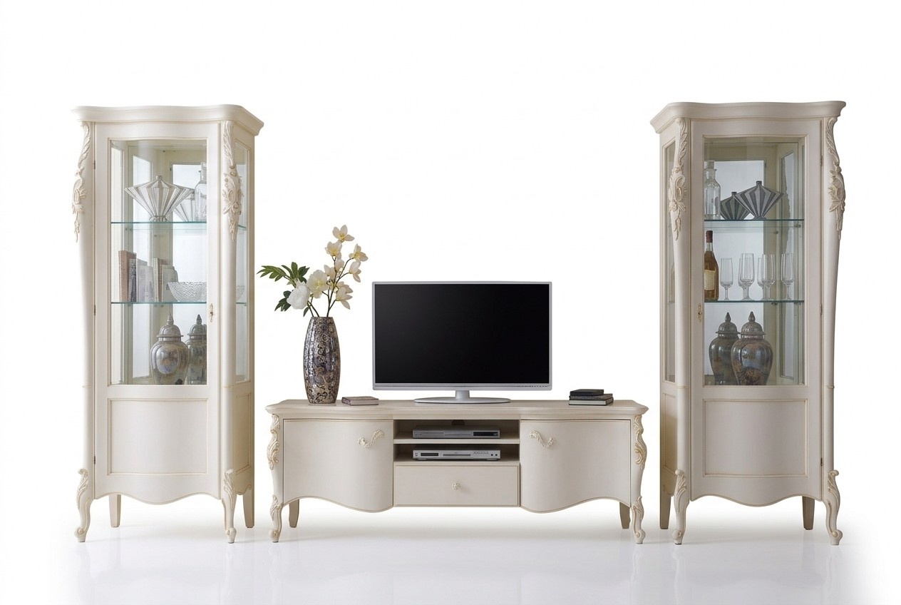 Wohnwand Weiß Set Vitrine Wohnzimmer TV Ständer Holz Luxus Möbel