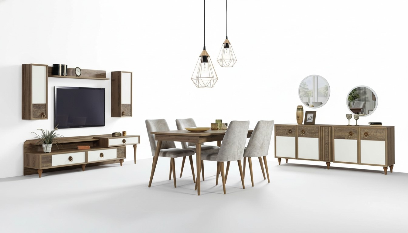 Wohnzimmer Anrichte mit Spiegel Garnitur Holz Braun Neu Modern Luxus