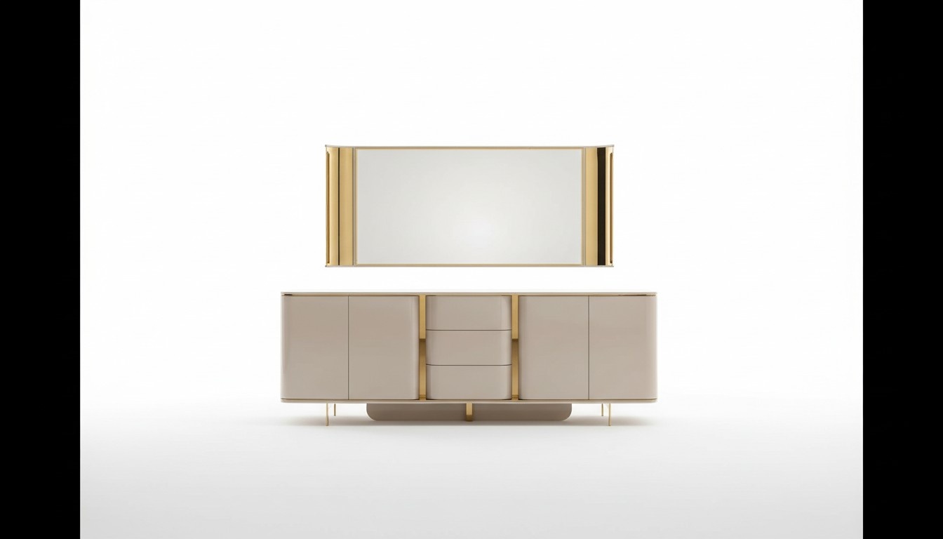 Wohnzimmer Anrichte Spiegel Material Holz mit Metall Stil Modern Beige