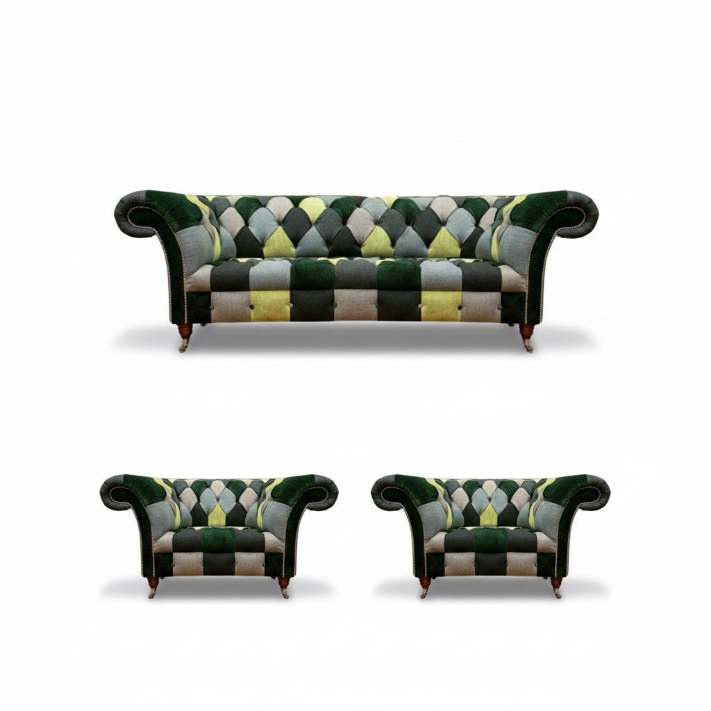 Wohnzimmer Chesterfield Sofa Dreisitze Couch 2x Sessel Einrichtung Neu
