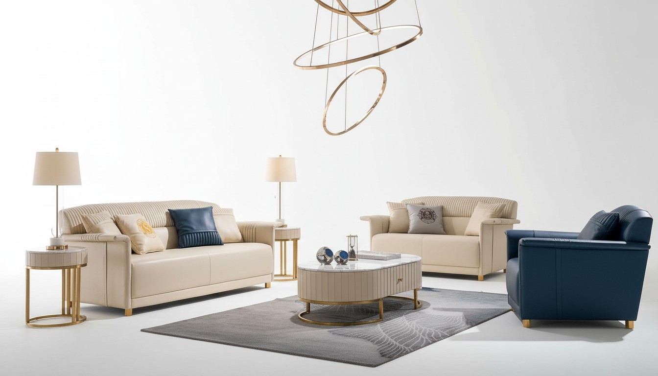 Wohnzimmer Designer-Sofa Sofagarnitur 3+2+1 Sitzer Ledersofa Modernes Sofa