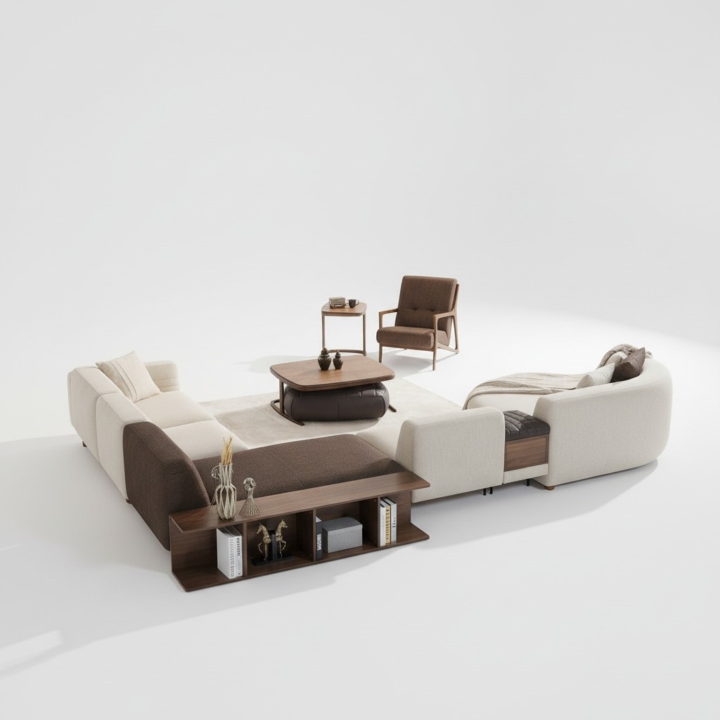 Wohnzimmer Garnitur Ecksofa U-Form Neu Sessel Luxus Holz Couchtisch Hocker