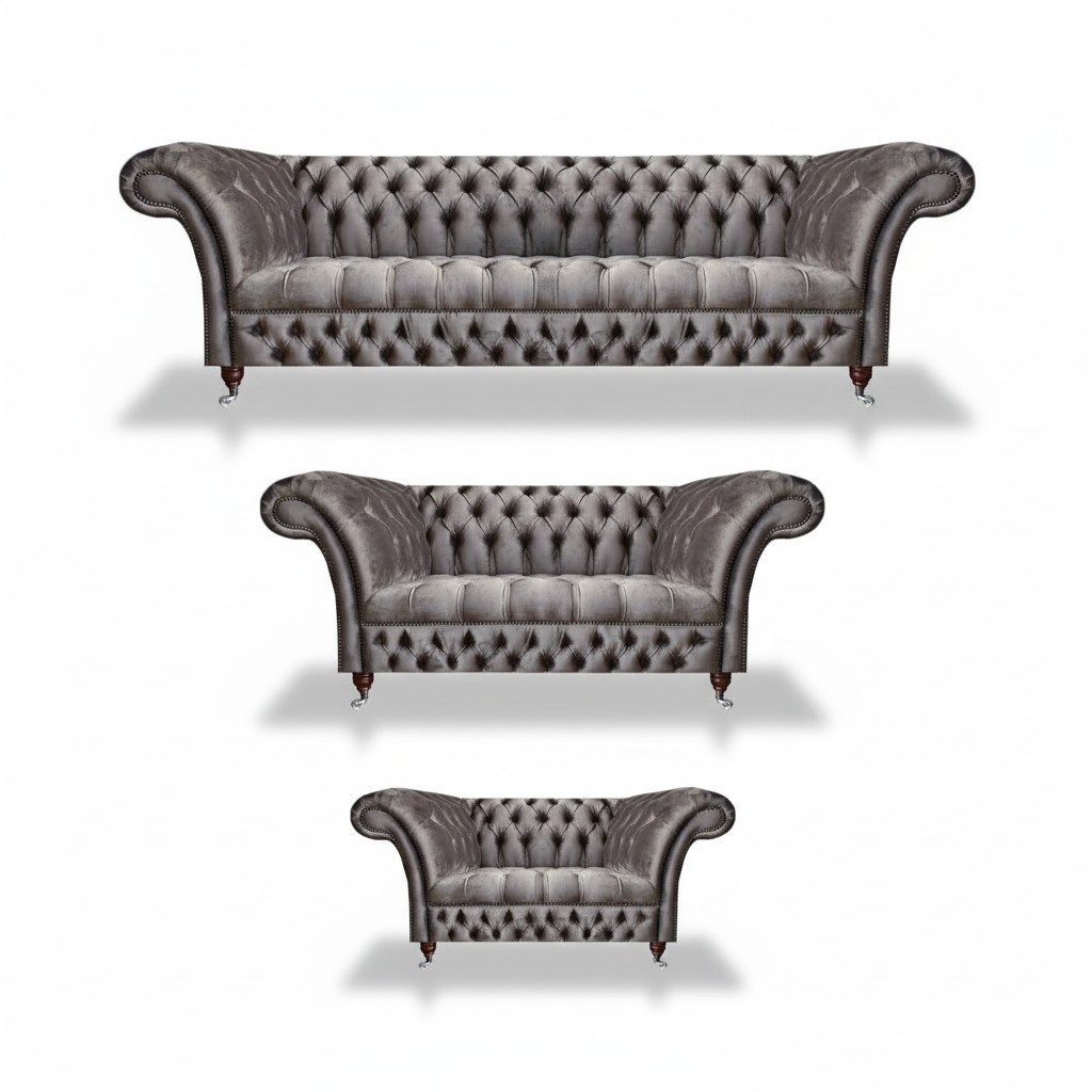 Wohnzimmer Grau Polstermöbel Textil Luxuriöse Sofagarnitur 3tlg Chesterfield