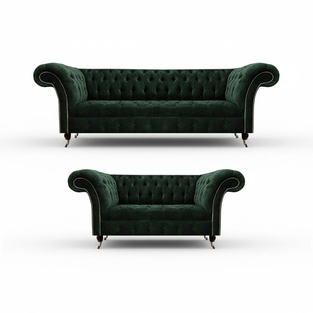 Wohnzimmer Komplett 2x Sofas 3+2 Sitzer Grün Luxuriöse Polstermöbel