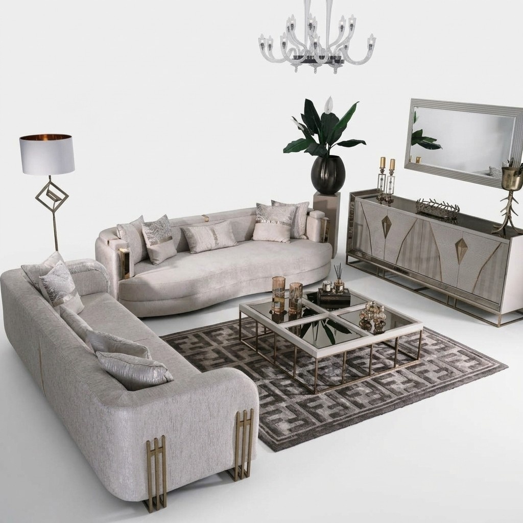 Wohnzimmer Komplette Couchgarnitur Dreisitzer Stoffsofa Set 6tlg Groß