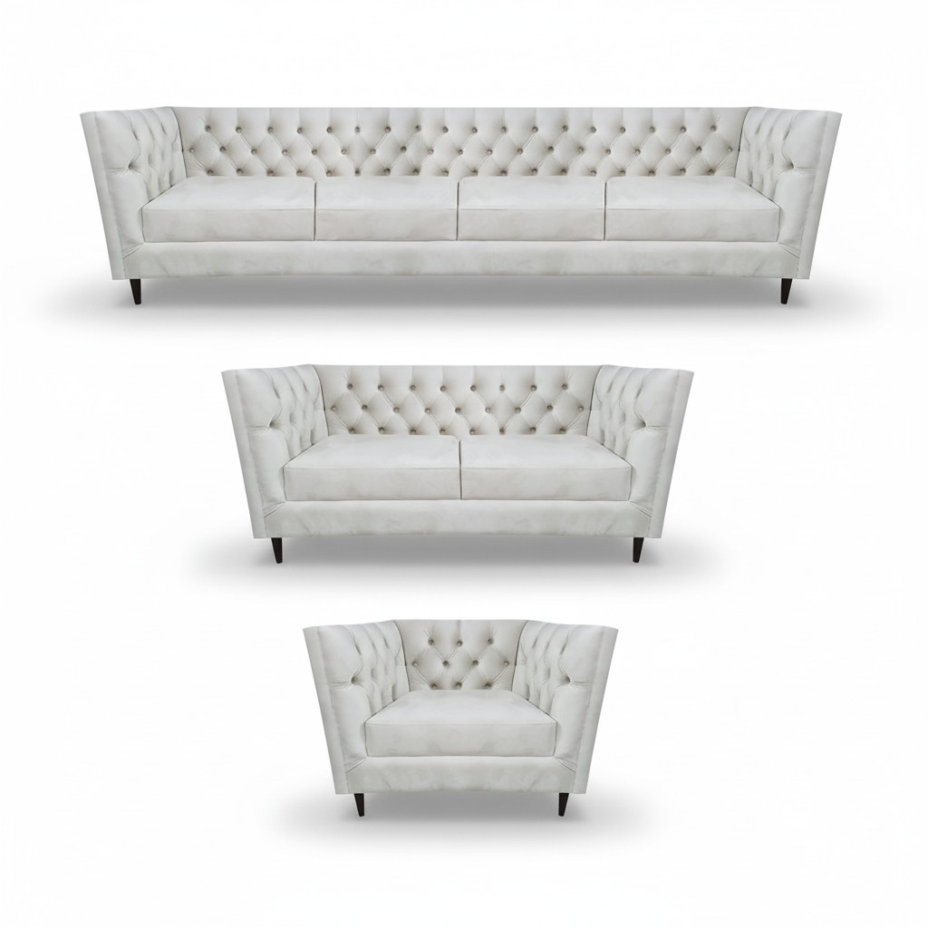 Wohnzimmer Leder Sofa Set 3tlg Polstermöbel Weiß Komplett Chesterfield