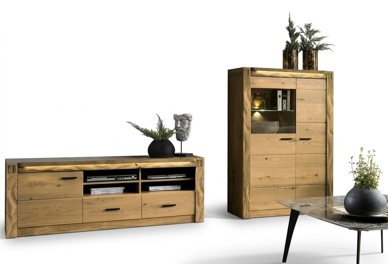 Wohnzimmer Modern Holzmöbel TV-Lowboard Vitrine Luxuriöses Wandregal Set 3tlg