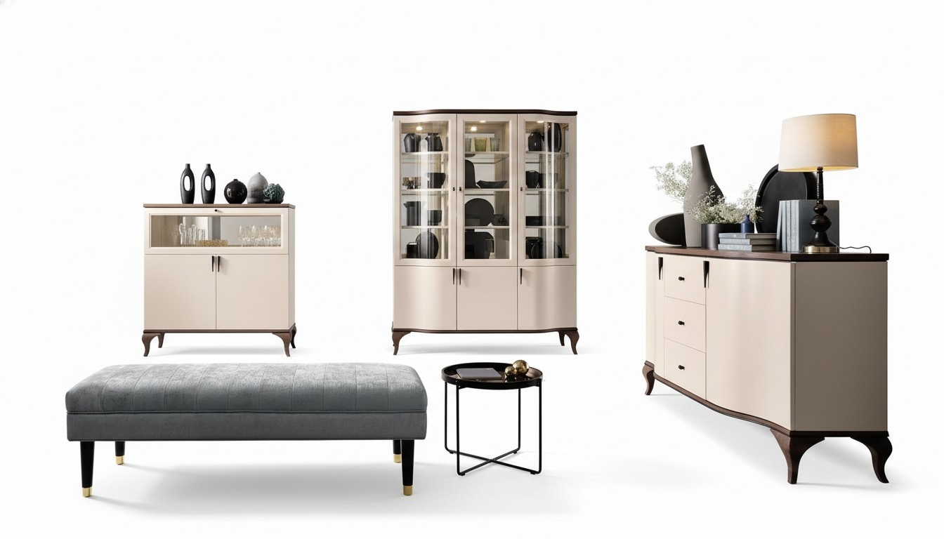 Wohnzimmer Möbel Set - Kommode Barschrank Vitrine 3tlg. Set Desing Schrank Neu