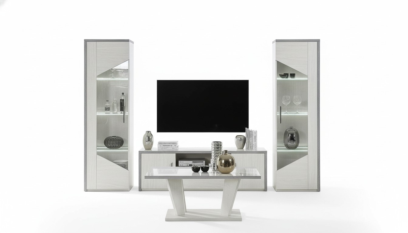 Wohnzimmer RTV Vitrine Wohnwand Holz Schrank Design Weiß Modern Neu Set 3tlg.