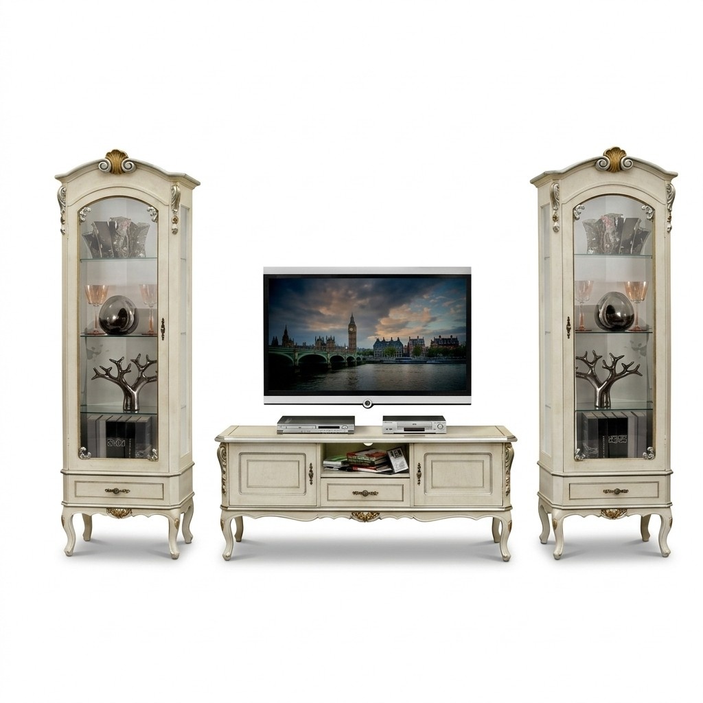 Wohnzimmer Schrank Wohnwand 3tlg rtv 2x Vitrine Design Italien Möbel Barock Stil