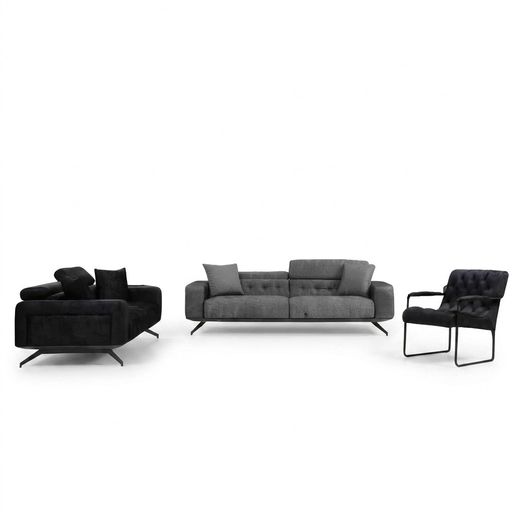 Wohnzimmer Schwarz-Graue Couchgarnitur Moderner 3-Sitzer Sessel Zweisitzer