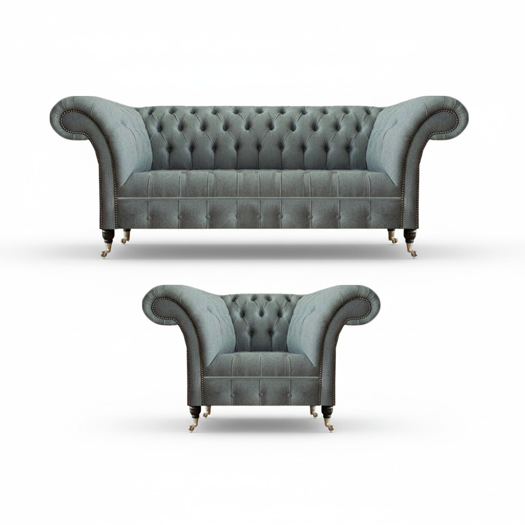 Wohnzimmer Set 2tlg Modern Chesterfield Sofa Dreisitze Couch Grau Sessel