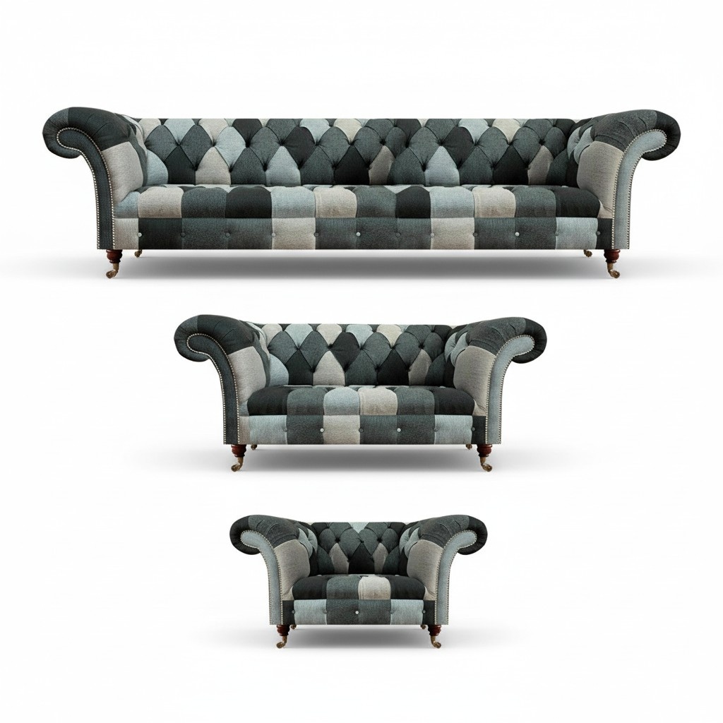 Wohnzimmer Set 3tlg Luxus Sofa Couch Einrichtung Stoff Mehrfarbig Chesterfield