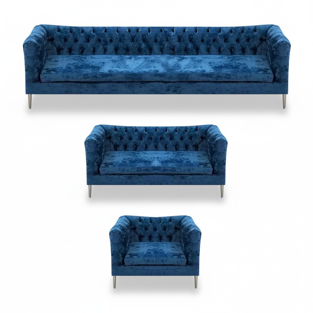 Wohnzimmer Set 3tlg Modern Blau Design Textil Stoff Chesterfield Sofa Komplett
