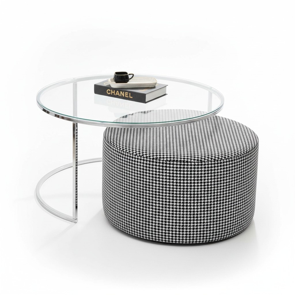 Wohnzimmer-Set Couchtisch Glas und Metall + gepolsterter Sitzhocker