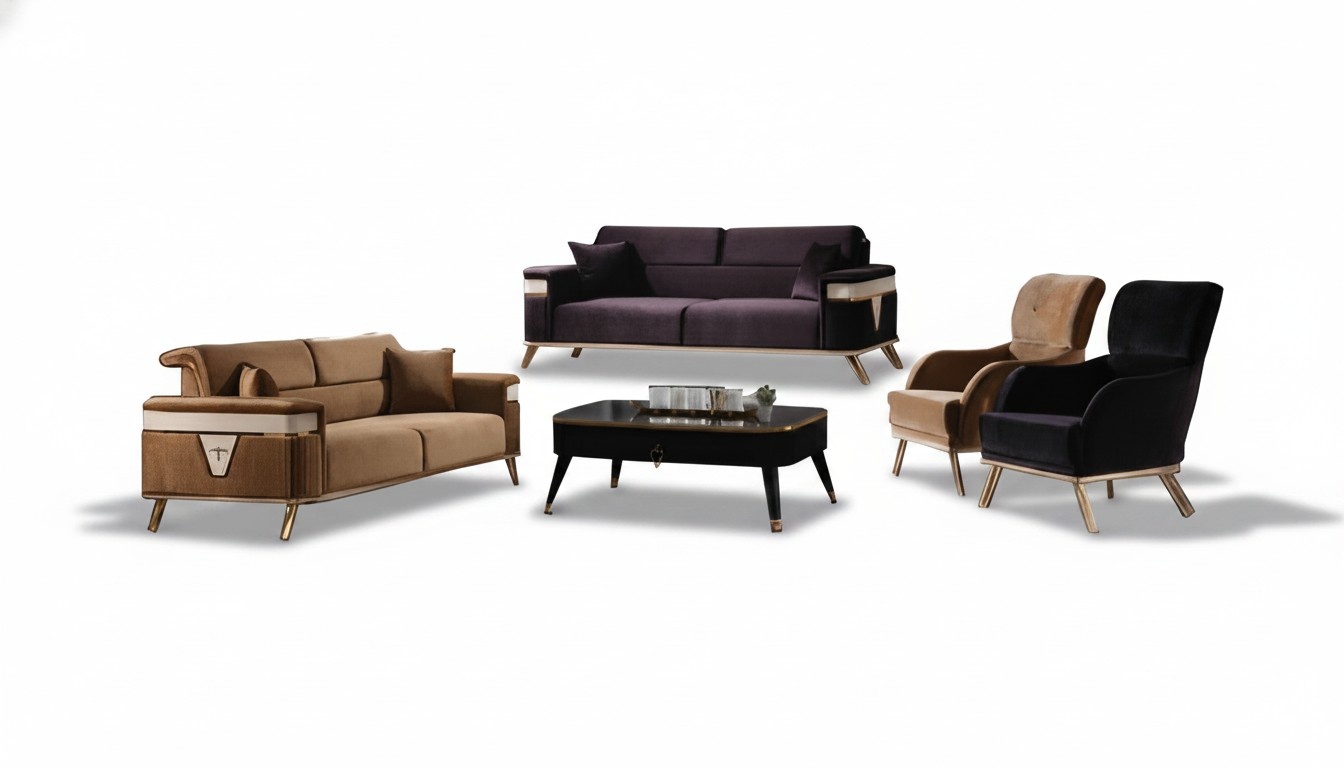 Wohnzimmer Set Sofa 3+3+1+1 Sitzer Sessel Couch Lila Braun Sofagarnituren 4tlg