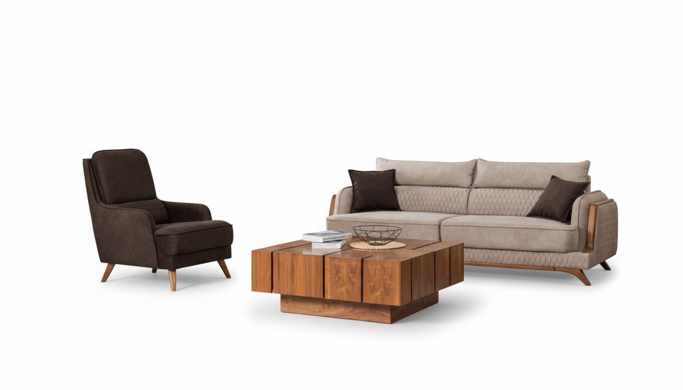 Wohnzimmer Sofa Sessel Set Modernes Design Beige Braun Holzfüße Polster 3+1