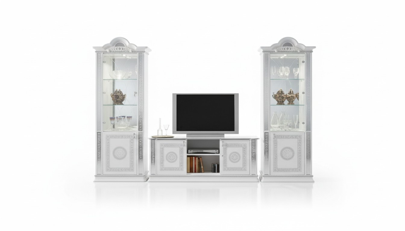 Wohnzimmerset Wohnwand Vitrine Kommode Tisch RTV Vitrinen Komplett 3tlg Set Neu