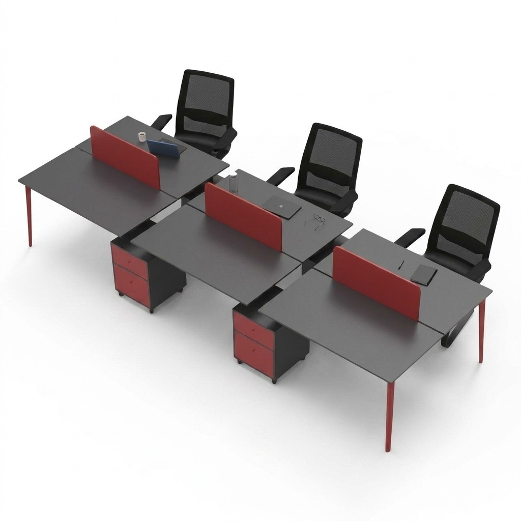 Workstation Schreibtisch 6-Sitzer Tischpult Holz Grau-Rot Büromöbel