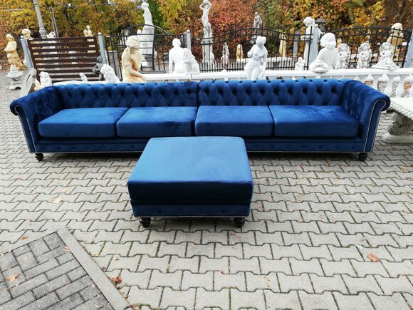 Desiger Chesterfield Sofagarnitur Textil Blau 4 m XXL+ Hocker Couch Polster