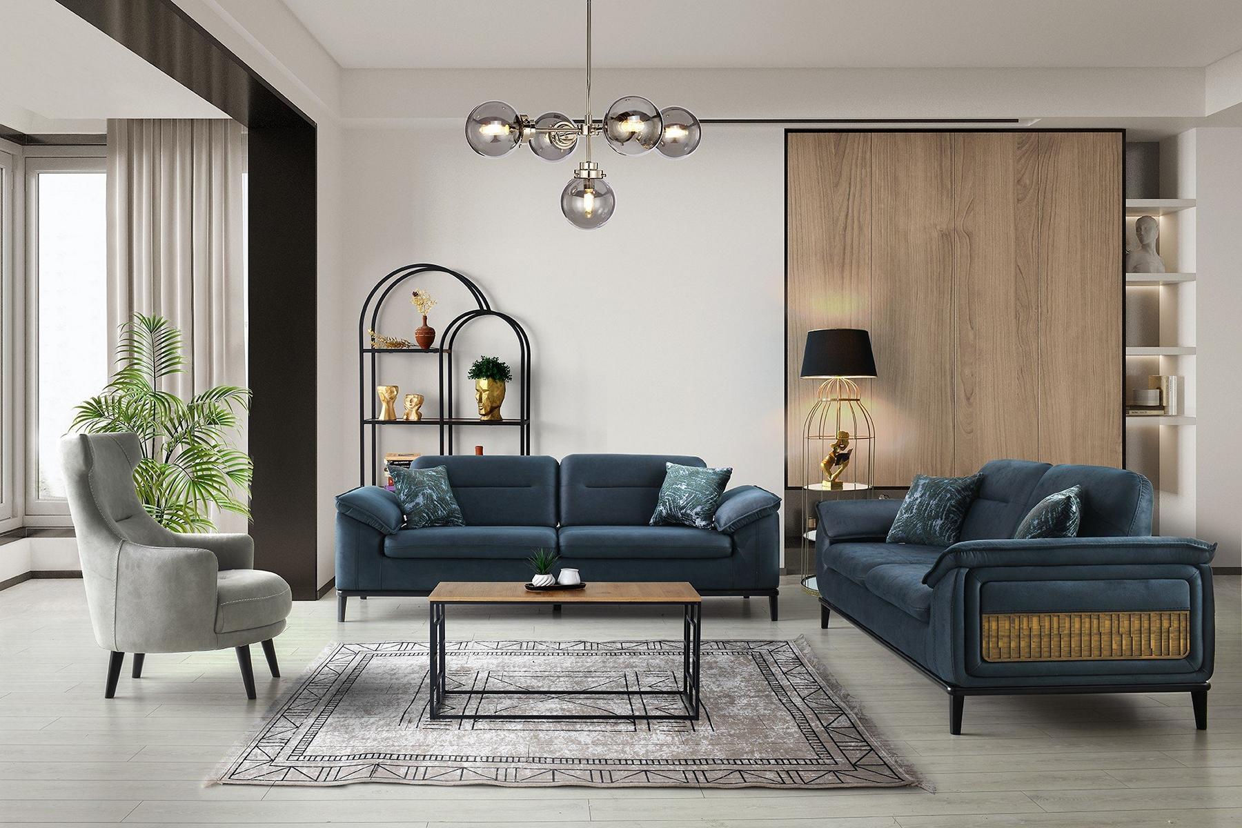 Moderne Blaue Sofagarnitur Dreisitzer Stoffcouchen Polster Sessel 3tlg