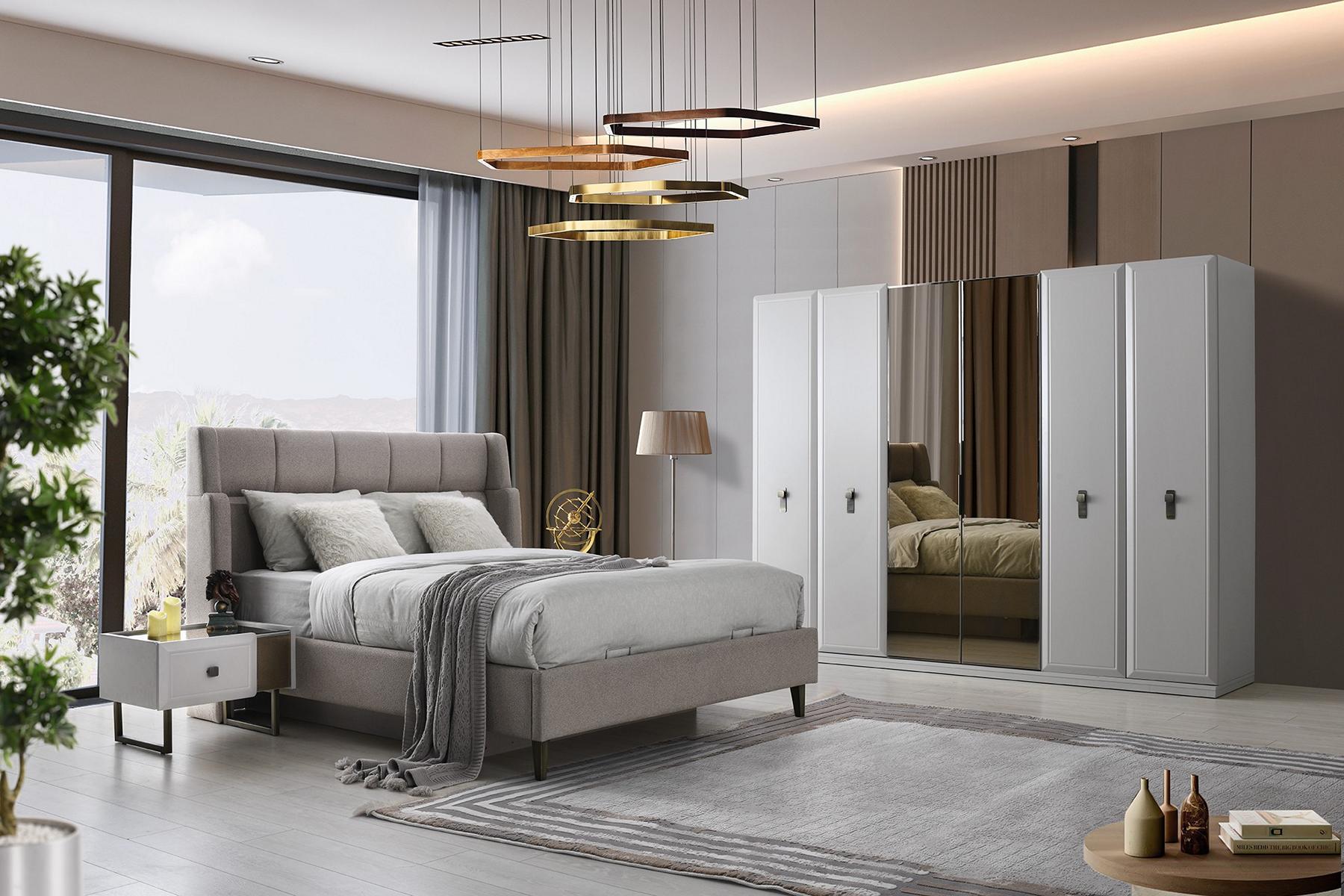 Weiß-Beige Schlafzimmer Möbel Polsterbett Holz Nachttische Schrank 4tlg