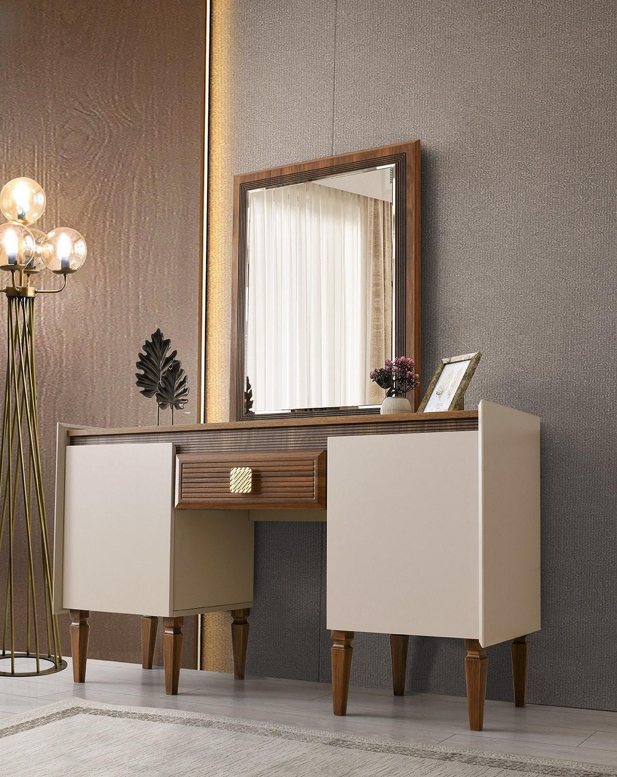 Schminktisch mit Spiegel Frisiertisch Beige Holz Schminkkonsole Design