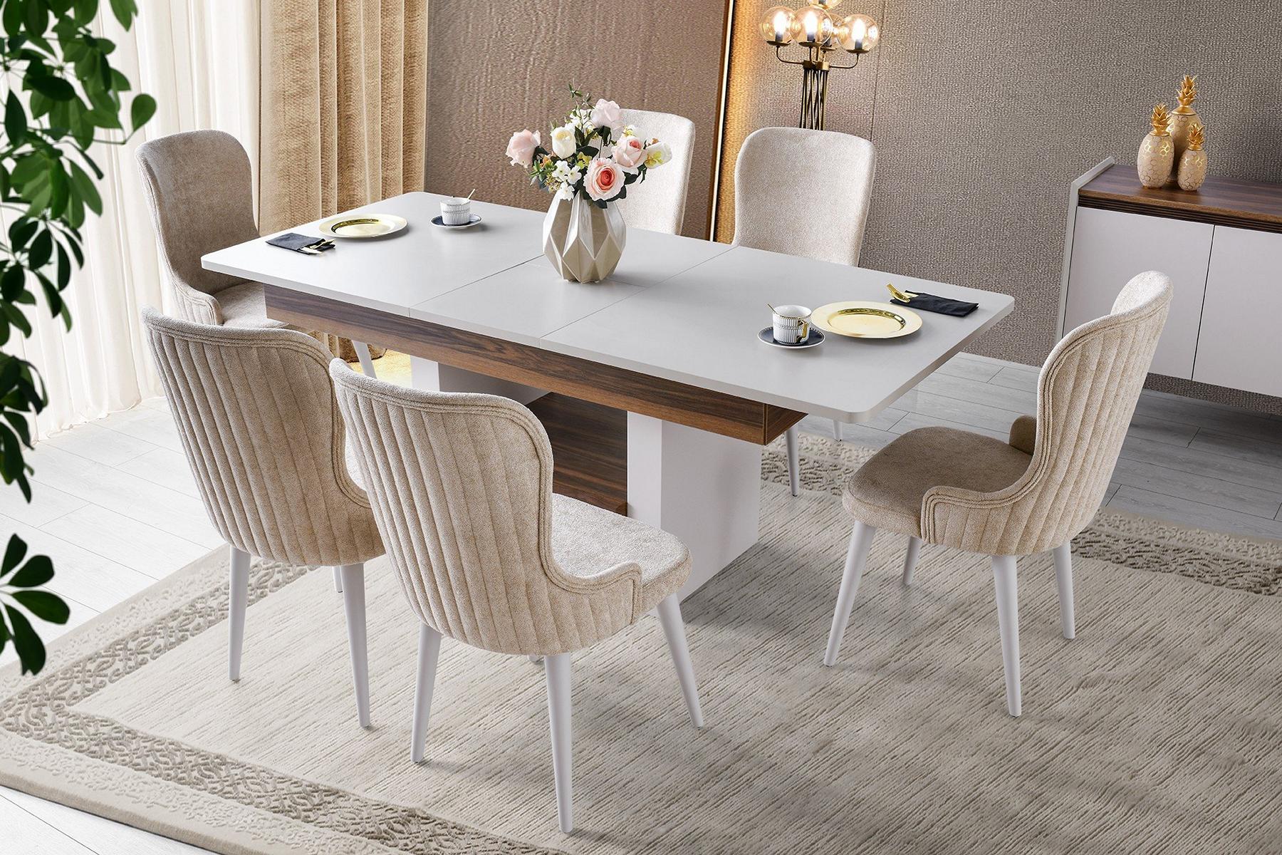 Beige Essgruppe Designer Holz Esstisch Polster 6x Stühle 7tlg Set Neu