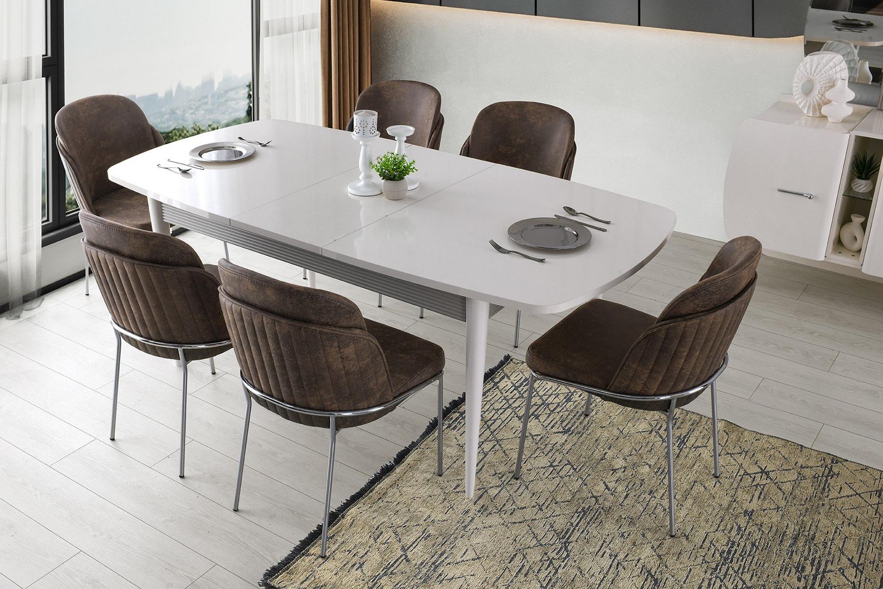 Essgruppe Esszimmer Esstisch Stühle Essecke Weiß Holz 7tlg Ausziehbar